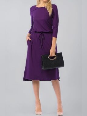 NWT Womens Iconic Luxe Purple Relaxed 3/4 Sleeve Midi Dress- M- Casual, Summer